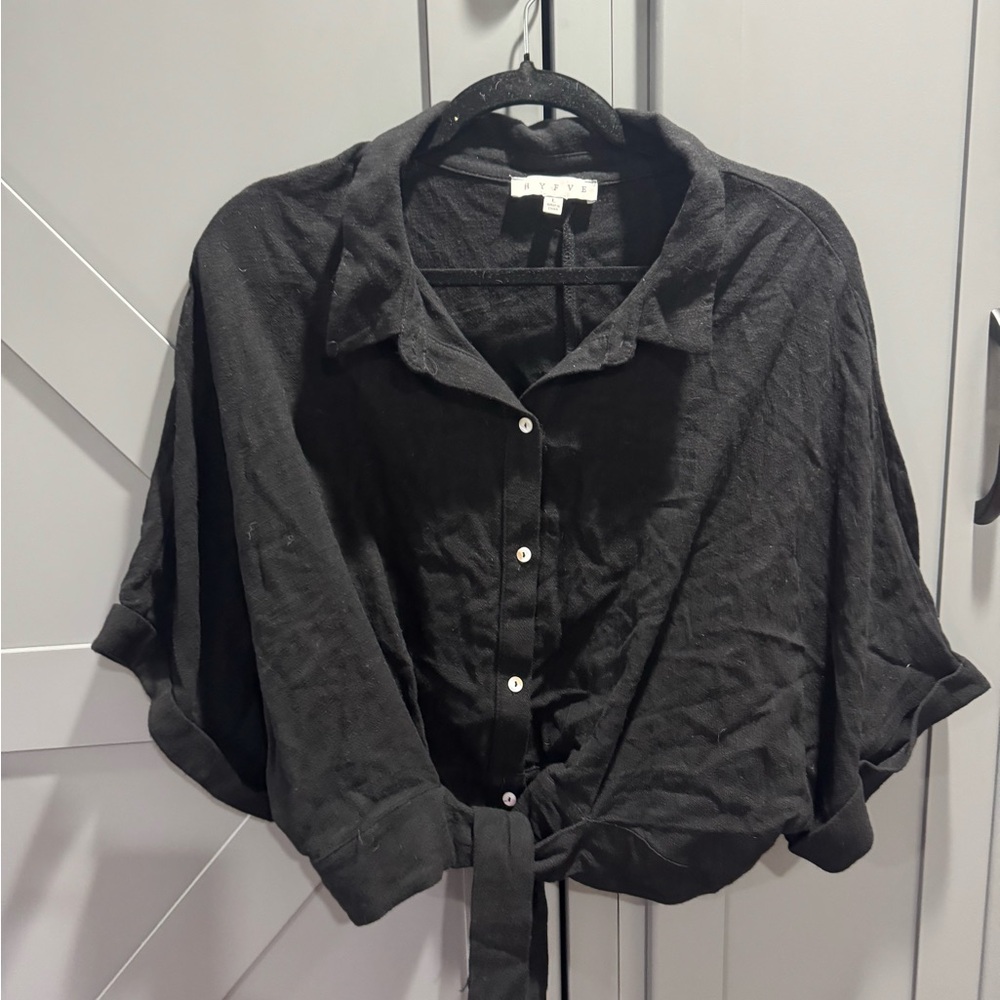 HYFVE - Black Button-Up dolman sleeve tie at waist Women's Top